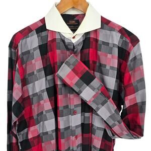 Steven Land Modern Plaid French Cuff Spread Collar Dress Shirt 16.5 34/35